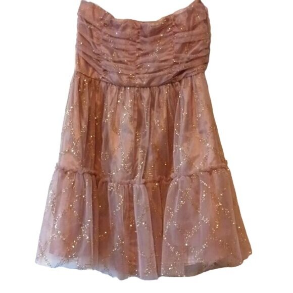 As U Wish Strapless Champaign Pink/Gold Shimmer Tulle Mini Dress Size 3 Juniors - Picture 5 of 14